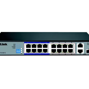 The D-Link DES-F1016P-E 16-Port PoE Switch provides reliable 10/100Mbps connectivity with 16 Fast Ethernet ports, including 8 PoE ports for powering IP cameras and access points.