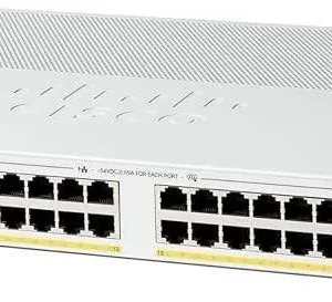 Cisco C1300-24P-4G providing reliable PoE+ power for IP cameras, phones, and wireless access points.