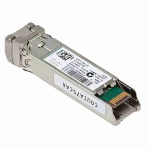 Close-up of the Cisco SFP-10G-SR optical module designed for short-range 10GBASE-SR fiber networks.