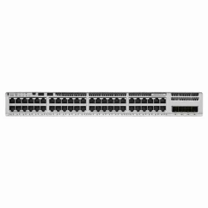 Front view of the Cisco C9200L-48P-4G-E showing 48 RJ-45 PoE+ ports and 4 SFP uplink ports in a rack-mount chassis.
