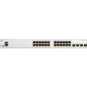 Front view of the Cisco C1300-24P-4X switch showing 24 PoE+ Ethernet ports and 4 10G SFP+ uplink ports.