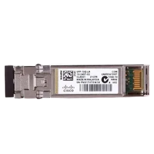 Close-up of the Cisco SFP-10G-LR optical module designed for 10GBASE-LR long-range fiber networks.