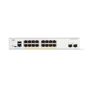 Front view of the Cisco C1300-16P-2G showing 16 Gigabit Ethernet ports with PoE+ and 2 SFP uplinks.