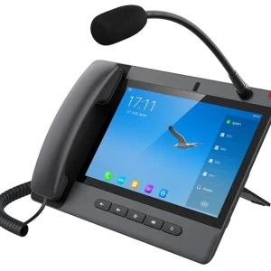 The Fanvil A320i console displaying a multi-view grid of IP security cameras, highlighting its capability as a video surveillance hub