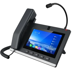 The Fanvil A308i console phone displaying a live HD video feed from a door phone, highlighting its role as a security management hub