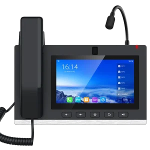 Fanvil A308i desk station showing its Android 9.0 OS interface, dual-band Wi-Fi, and Bluetooth 5.0 capabilities for unified communications