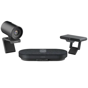 A modern boardroom using the Fanvil CA400 system to conduct a wireless Zoom meeting without messy HDMI or USB cables on the table