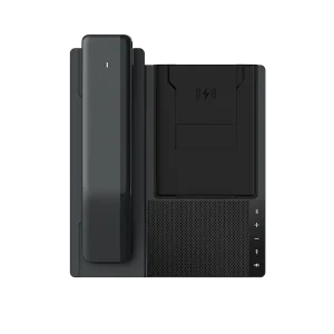 Close-up of the Fanvil DB20-H featuring a customizable faceplate for hotel logos and one-touch service keys for reception and housekeeping