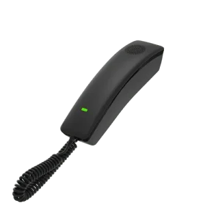 A wall-mounted Fanvil H2 compact IP phone showing its space-saving vertical design, ideal for hotel bathrooms or lobbies.