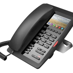 The Fanvil H5 hospitality phone with a high-definition color display and a built-in USB port for convenient guest phone charging