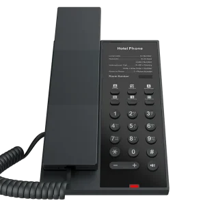 Fanvil H602 hospitality phone highlighting the large customizable faceplate for hotel logos and the integrated USB port for guest phone charging.