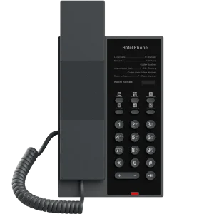 Front view of the Fanvil H602 hotel phone showing 6 programmable one-touch service keys for instant access to reception and housekeeping