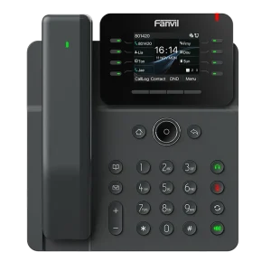 Sleek Fanvil V62 Pro Prime desk phone in an office setting, showcasing its intuitive color display and ergonomic 45-degree adjustable stand