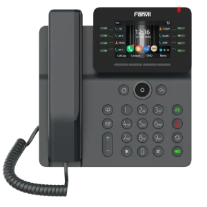 Professional Fanvil V64 VoIP phone highlighting HD audio, 6-party conferencing, and built-in Bluetooth for wireless headset connectivity