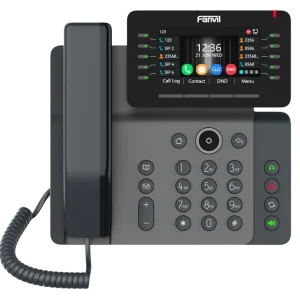 Front view of the Fanvil V65 flagship phone highlighting its 6-party audio conferencing and support for Opus and G.722 high-definition codecs