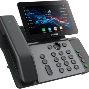 Sleek Fanvil V66 Pro desk phone highlighting its 4.3-inch high-resolution color screen and cordless handset for an uncluttered, modern workspace