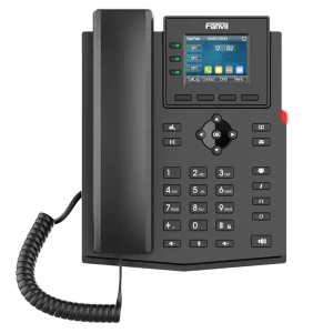 Enterprise-grade Fanvil X303P VoIP phone highlighting HD audio quality, 6-party conferencing, and EHS wireless headset support