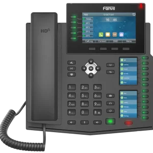 Fanvil X6U enterprise desk phone with dual Gigabit Ethernet ports, integrated PoE, and a Harman speaker for professional HD audio quality.