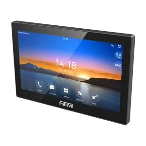 The Fanvil i504W indoor station displaying a live HD video feed from an outdoor door phone, highlighting its clear 1024x600 resolution