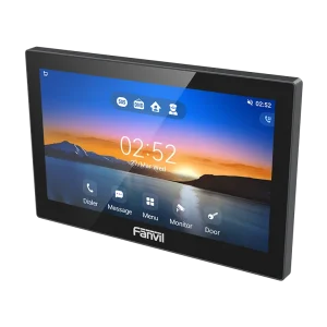 The Fanvil i505W SIP indoor station displaying a real-time HD video feed from a door phone, highlighting its role in residential security