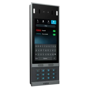 The Fanvil i67 security intercom displaying various unlock methods including AI face recognition, RFID card access, PIN code entry, and QR code scanning