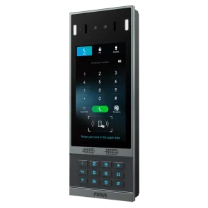 Fanvil i67 high-end face recognition door phone featuring a 7-inch IPS touch screen, 2-megapixel dual cameras, and numeric keypad for secure building entry.