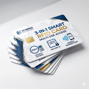 These versatile 3-in-1 smart RFID cards integrate multiple chip technologies into a single credential, allowing for seamless access across different security systems and reader types.