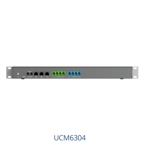 Grandstream UCM6304 IP PBX featuring 4 integrated FXO ports and 4 FXS ports for versatile analog and PSTN line connectivity.