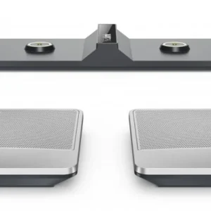 A pair of Yealink CPW90 DECT wireless microphones with a compact charging cradle.