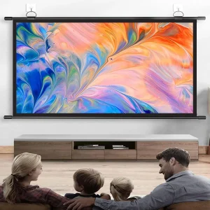 Wall mounted projector screen measuring 127 by 127 cm installed in a compact home office for video conferencing.