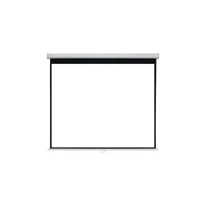 A square 50 inch by 50 inch manual pull-down projection screen fully extended for small room presentations.