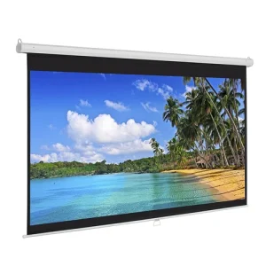 A square 60 inch by 60 inch manual pull-down projection screen fully extended in a cozy home media room setup.