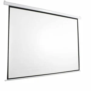 Wall mounted projector screen measuring 152 by 152 cm installed on an office wall for small group business meetings.