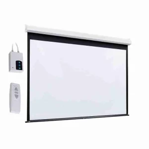 A large square 96 inch by 96 inch auto electric pull-down projection screen fully lowered in a smart home theater setup.