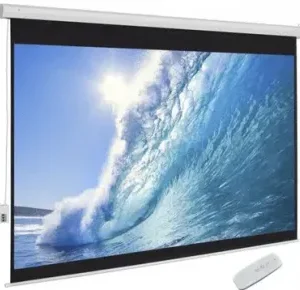 Motorized electric projector screen measuring 243 by 243 cm mounted on a wall for automated corporate presentations.