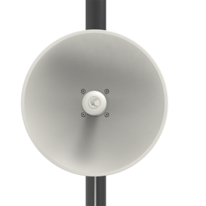 A Cambium Force 300-25L outdoor wireless dish assembly mounted securely to an exterior tower pole for high-performance point-to-multipoint fixed broadband deployment.