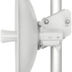 The IP55-rated weather-resistant housing of a Cambium Force 300-25L 5 GHz radio module installed outdoors to deliver high-capacity throughput in high-interference areas.