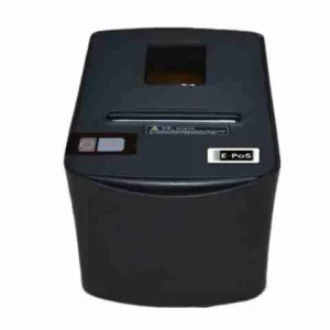 Front-angle view of the black EPOS Eco 250 thermal receipt printer showing its compact design for point-of-sale systems.