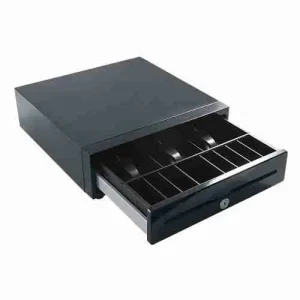 Interior view of the Epos ECH 410 cash drawer showing organized adjustable bill slots and coin compartments for point-of-sale retail counters.