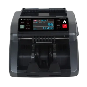 Front-facing view of the Lightwave LW-CCM-801 money counter displaying the dual-view setup with its main touchscreen panel and external customer display.
