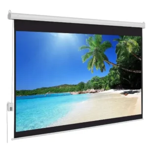 A square 70 inch by 70 inch electric automatic pull-down projection screen by LW fully lowered in a modern home theater setup.