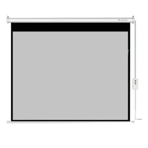 LW EPS-180E motorized electric projector screen measuring 180 by 180 cm mounted on an office wall for smart business presentations.