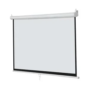 A square 78 inch by 78 inch electric automatic pull-down projection screen by LW fully extended in a smart home theater setup.