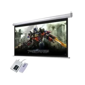 A large square 94 inch by 94 inch electric automatic pull-down projection screen by LW fully extended for a premium home cinema.