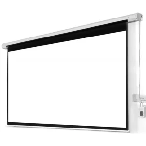 LW EPS-240E motorized electric projector screen measuring 240 by 240 cm wall-mounted for large corporate presentation rooms.