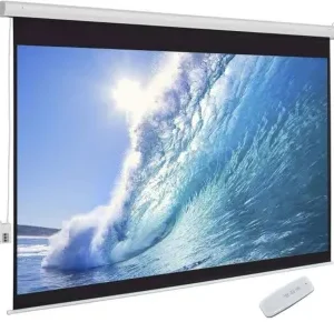 A massive square electric automatic pull-down projection screen by LW fully lowered for an immersive commercial cinema display.