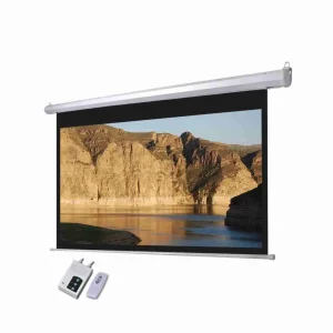 LW EPS-300E motorized electric projector screen measuring 300 by 300 cm mounted on a wall for large-scale corporate video conferencing.
