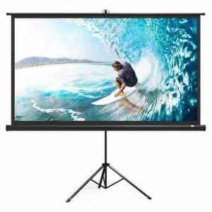 A square 70 inch by 70 inch manual pull-down projection screen by LW fully extended in a home theater setup.