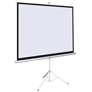 LW MPS-180M manual projector screen measuring 180 by 180 cm displayed on a white office wall for business presentations.