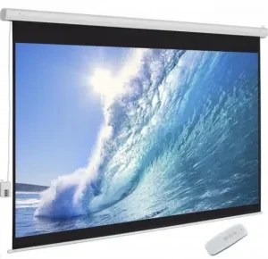 A square 78 inch by 78 inch manual pull-down projection screen by LW fully extended in a modern office setup.